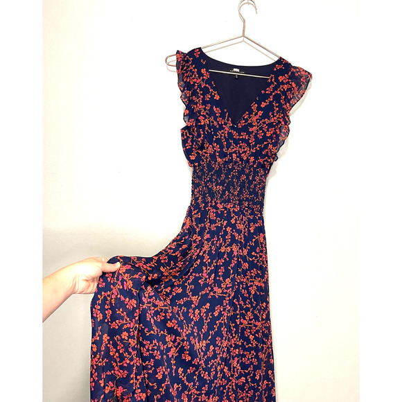 Slate & Willow Navy Smocked Waist Red Orange Printed Florals Dress Size XS - Picture 6 of 15
